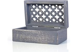 Mela Artisans Medium Keepsake Box with Hinged Trellis Lid - Distressed Dove | Wooden Decorative Box | Keepsake Memory Box | Mango Wood Storage Box | Store Trinkets, Cards & Stash | 7.5” x 4.5” x 3