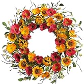 vivimemo 22-inch Fall Wreath Yellow Sunflower Red Yellow Flower Green Leaf Autumn Wreath Front Door Corridor Window Home Decoration Thanksgiving Halloween Party Wedding Office Decoration