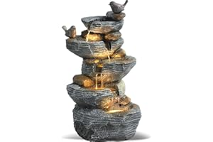 Grepatio Outdoor 5-Tiers Cascading Rock Water Fountain, Waterfall Fountain with 4 LED Lights, Outdoor Fountains and Waterfalls for Garden or Patio, Yard, and Deck Decor with Natural Stone Look