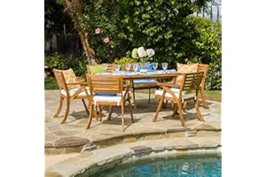 IBRACCIENI 7 Piece Patio Furniture Set, Outdoor Acacia Wood Dining Table Chair Set with Water-resistant Cushions, Rectangle Dining Table and Armchairs for Porch, Backyard, Garden, Poolside, Easy Assembly, Teak