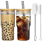 ALINK 2-Pack Glass Cups with Bamboo Lids and Straws, 22oz Mason Jar Glass Tumbler, Reusable Boba Cups, Iced Coffee Drinking Glasses for Bubble Tea, Smoothies, Juice - 2 Cleaning Brush