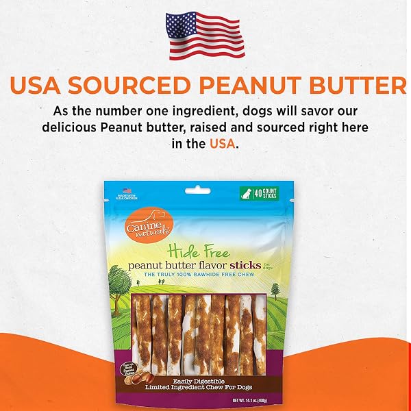 CANINE NATURALS PEANUT BUTTER CHEW – RAWHIDE FREE AND DOG TREATS – MADE FROM REAL PEANUT BUTTER – ALL-NATURAL AND EASILY DIGESTIBLE – 40 PACK OF 5 INCH STICK CHEWS