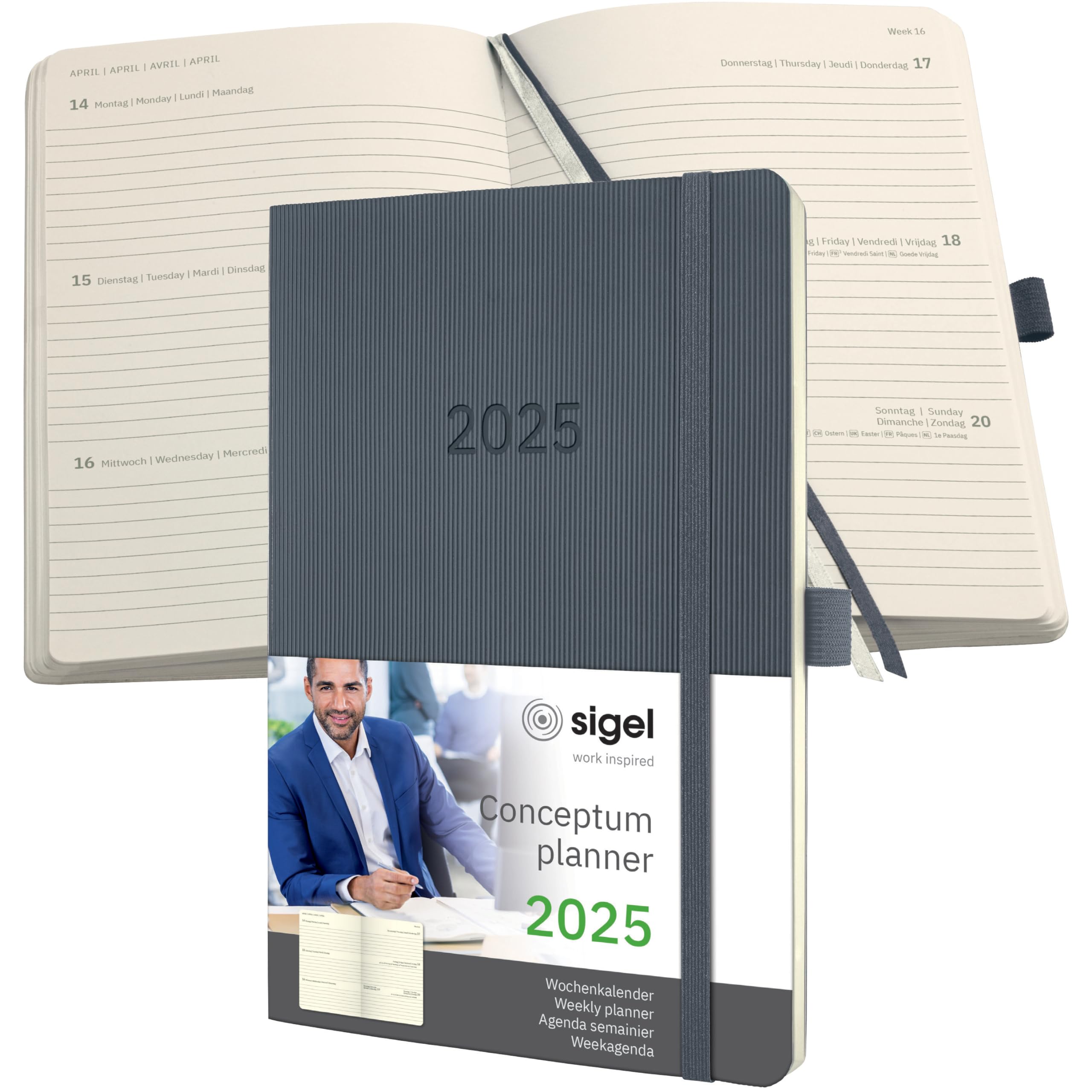 SIGEL C2536 Conceptum Weekly Planner 2025, Approx. A5, Dark Grey, softcover, 2 Pages = 1 Week, 192 Pages