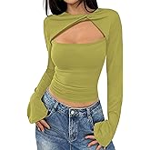 AEQUEM Women's Cut Out Long Sleeve Shirts Slim Fit Cropped Crewneck Crop Tops 2025 Fashion Clothes