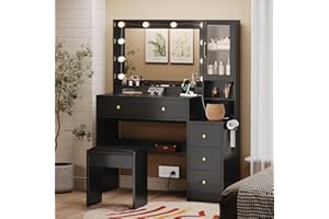 TOKSOM Makeup Vanity with Lights & Charging Station, Black Vanity Table with 5 Drawers & Open Storage Shelves, Vanity Desk with Mirror & Lights, Dressing Table Set, Bedroom Makeup Table Set Black Handle