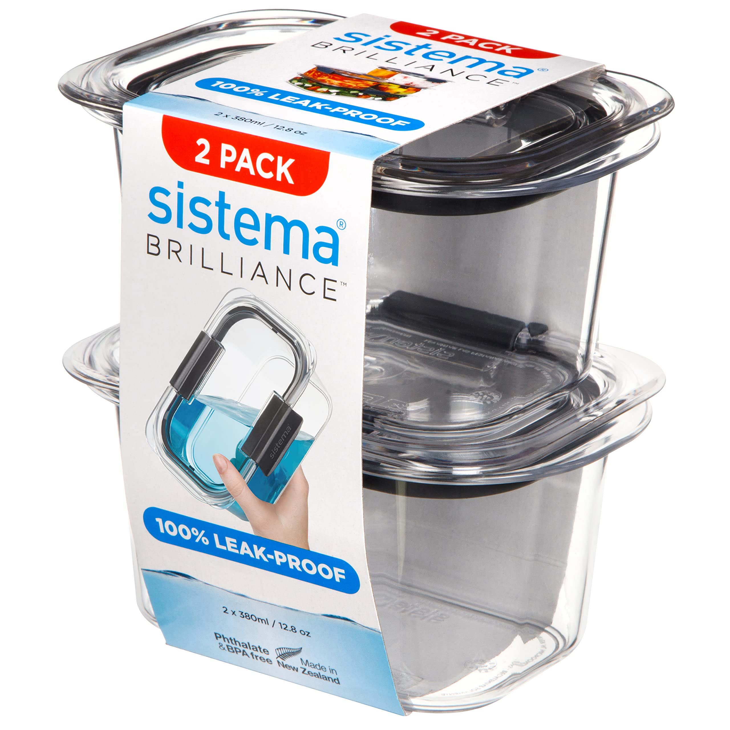 Sistema Brilliance Leakproof Food Storage Container, Stain and Odour Resistant, Microwave Steam Vents, 380 ml, BPA-Free, Black Clips, Clear/Grey, 2 Count (Pack of 1)