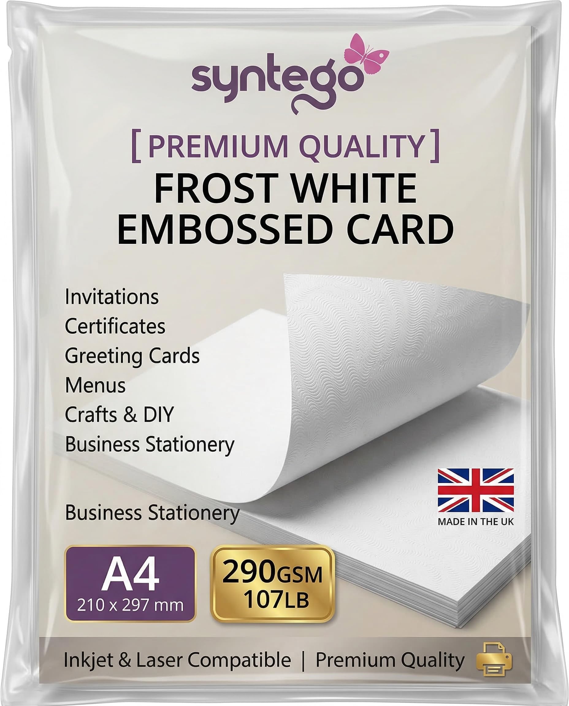 Syntego Frost White A4 Embossed Card 290gsm (107lb) – Pearlised Brocade Textured Finish, 10 Sheets – Inkjet & Laser Compatible – Ideal for Invitations, Certificates & Luxury Stationery