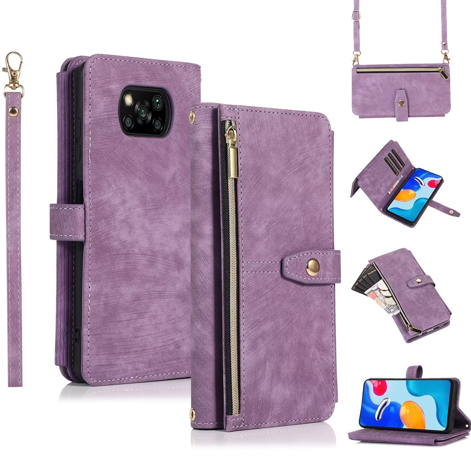 ESONG Case for Xiaomi Poco X3/Poco X3 Pro/Poco X3 NFC,PU Leather Zipper Wallet Flip Magnetic Full Protection Shockproof Cover,Crossbody phone Case for Women[9 Card Slot/2 Coin Pouch/Kickstand],Purple