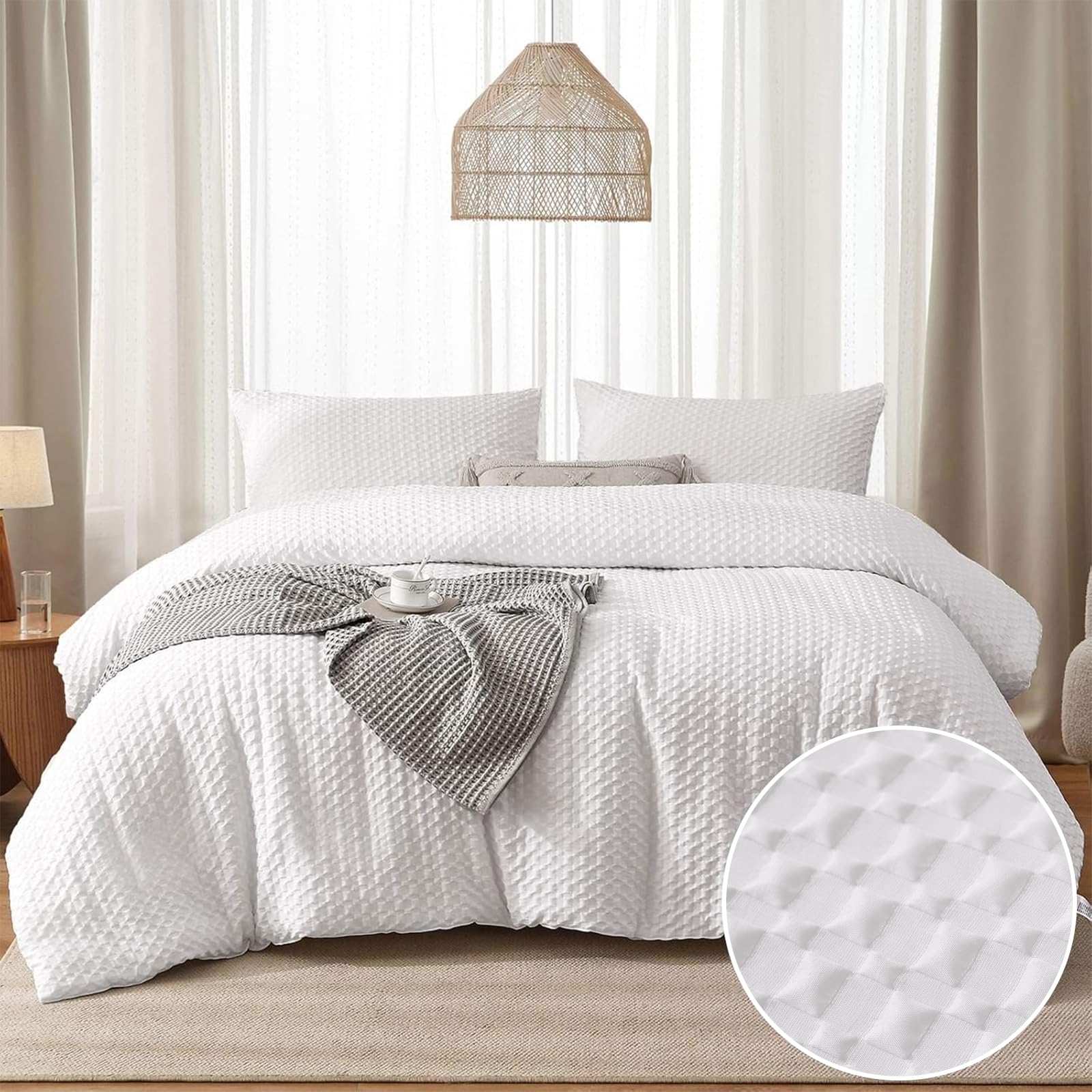 White Checkered Duvet Cover Set with 2 Pillowcases Waffle Seersucker Puckering Bedding Set for Teens Adults Soft Microfibre Double Size 200×200 cm