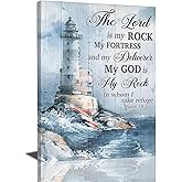 Ocean Lighthouse Wall Art Christian Psalm Bible Quotes Wall Decor Rustic Coastal Nautical Pictures Religious Motivational Canvas Prints Framed Modern Artwork For Living Room Bedroom Bathroom 12"x16"
