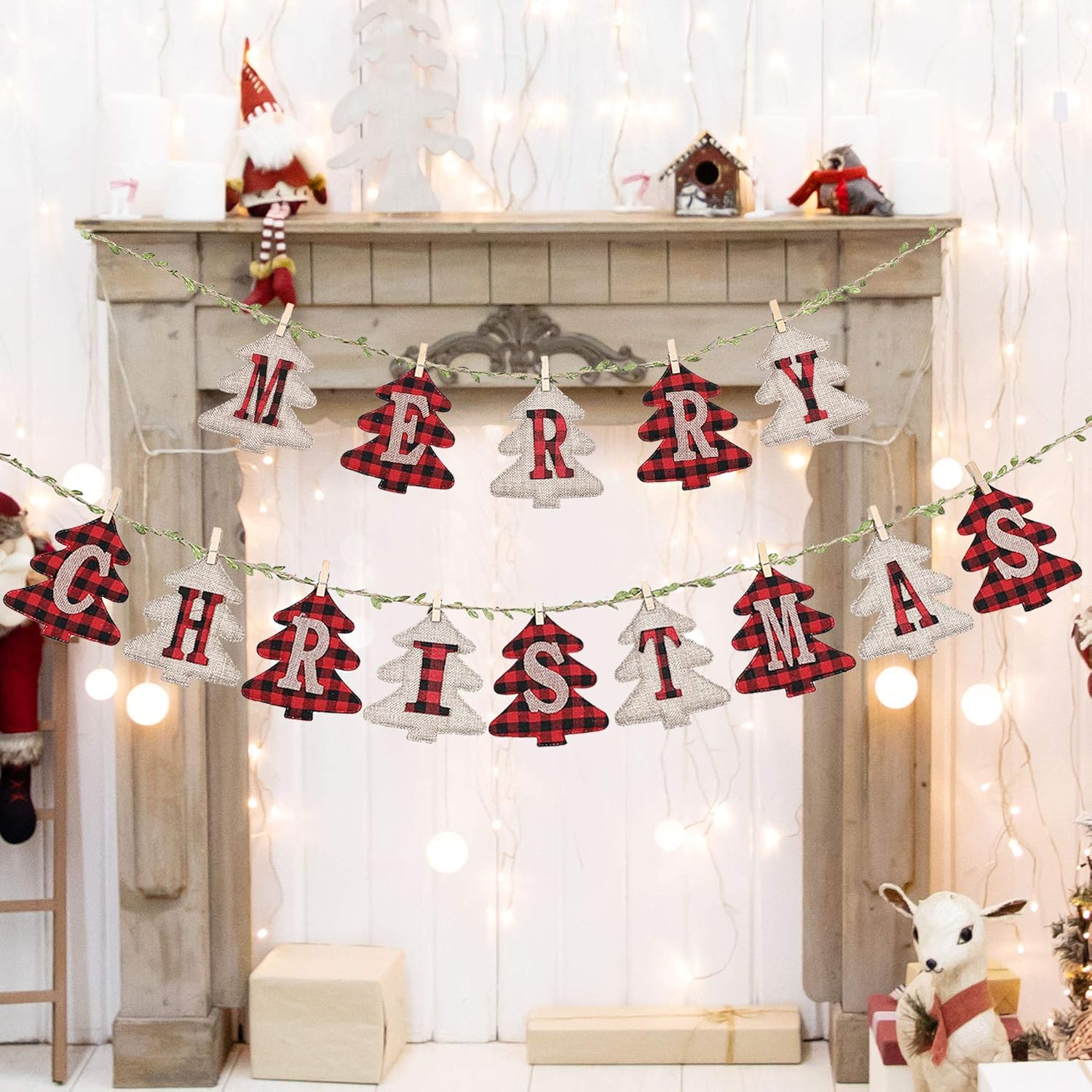 LessMo Merry Christmas Banners, Pine Shaped Christmas Burlap Banners