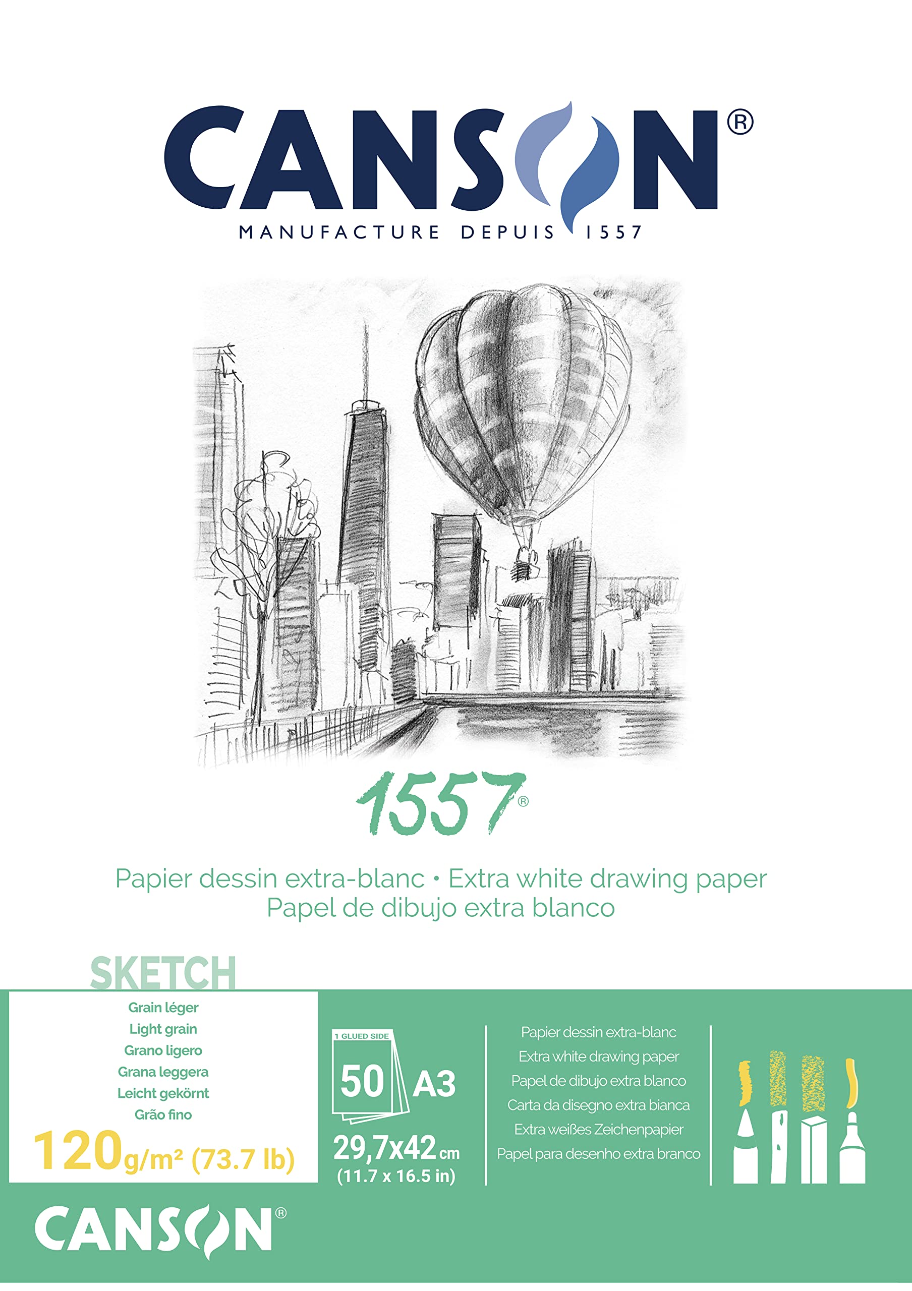 CANSON 1557 Extra White 120gsm A3 Sketch Paper, Light Grain, 50 Sheets, For Professional Artists & Illustrators