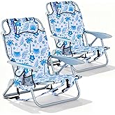 Canpsky 2 Pack Lightweight Portable Camping Beach Chair for Adults, Outdoor Lay Flat Folding Beach Chairs with 5 Positions, Backpack Beach Chair with Towe, Zipper Pouch, Cup Holder, Blue Coconut Tree