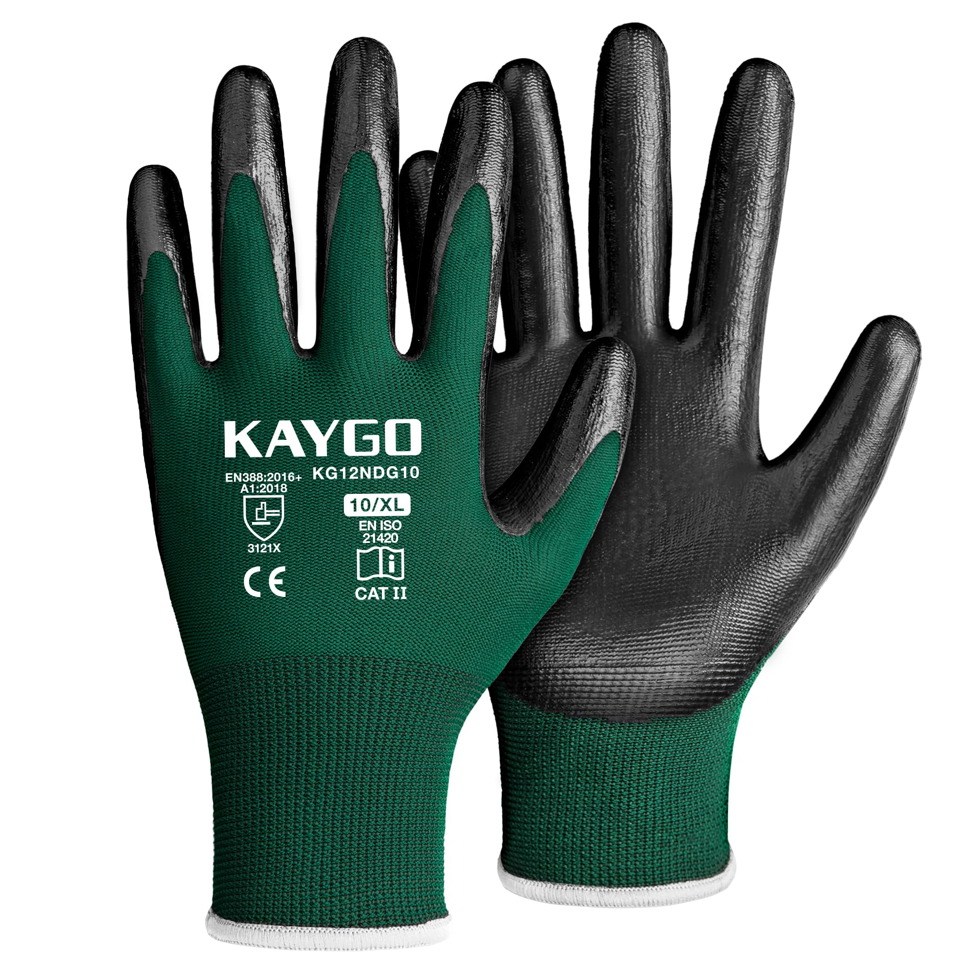 KAYGO Safety Work Gloves Nitrile Coated, Good Grip and Dexterity, 12 Pairs General Purpose Working Gloves for Men and Women, Ideal for Construction Warehouse Automotive DIY, KG12N (Dark Green, XL)