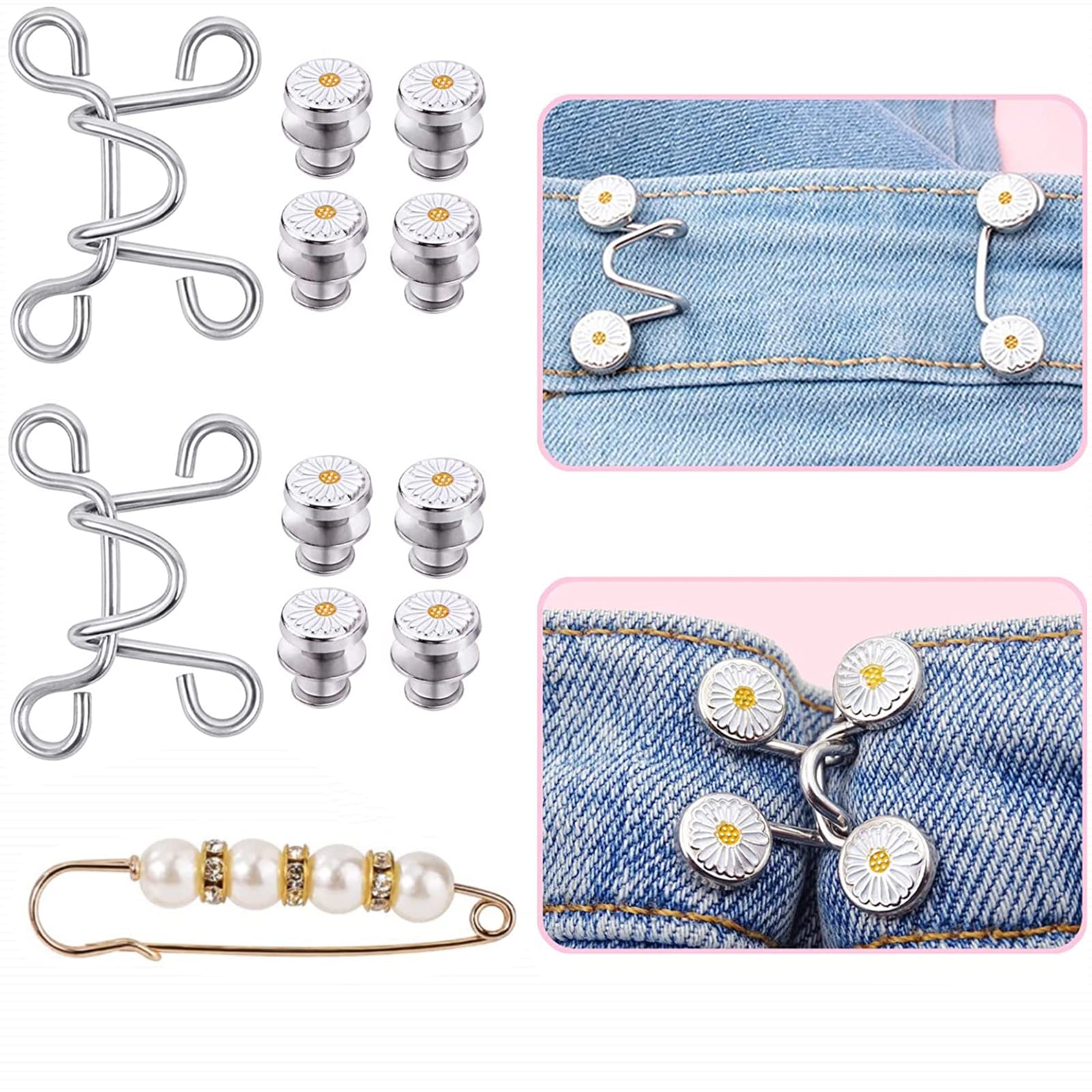 Siganorpy 3 Set Adjustable Waist Buckles, 2 Sets Nail-Free Adjustable Waist Buckle Extender Set and 1 Pcs Pearl Safety Pin Jeans Tighten Waist Adjustment Button Perfect Fit Instant Button for Pants