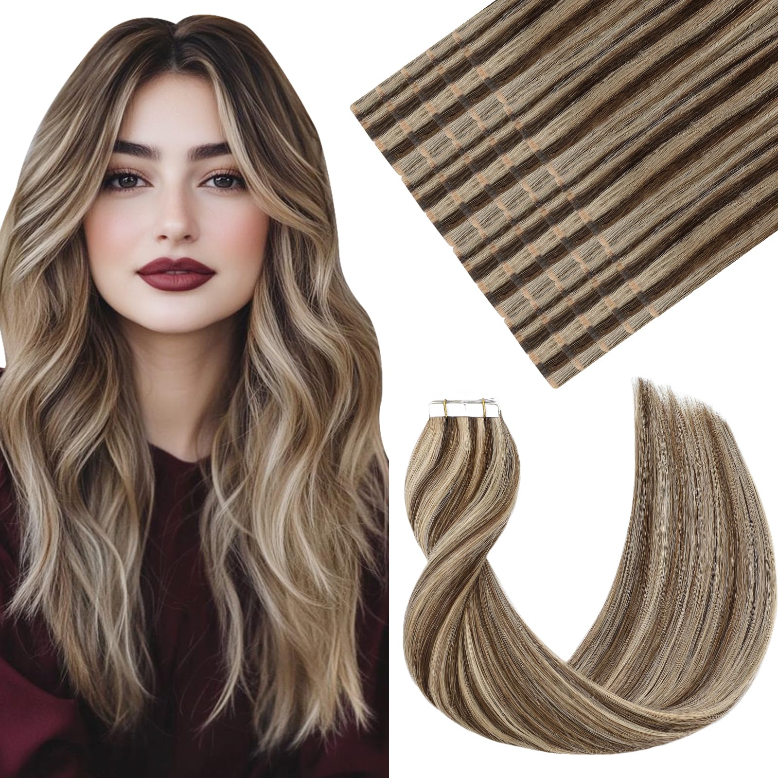VINBAO Tape In Hair Extensions Human Hair Color Dark Brown #4 Highlights #27 Caramel Blonde Tape In Hair Extensions Real Human Hair Extensions Tape In Silky Straight 20pcs/50g (T16Inch, #4P27)