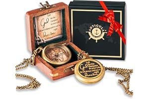Antiqula Brass Compass with Wooden Box - Graduation Gifts, Pirate Accessories & Baptism Gift For Boys, Steampunk Travel Decor Compasses For Missionary, Inspirational and Sentimental Compass