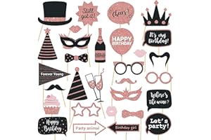 INTATIKOO Party Birthday Photo Booth Props, 30Pcs Set of Happy Birthday Selfie Party Supplies with Real Glitter Cute Bday Designs for Women or Girls,Easy to Assemble(Rose Gold)