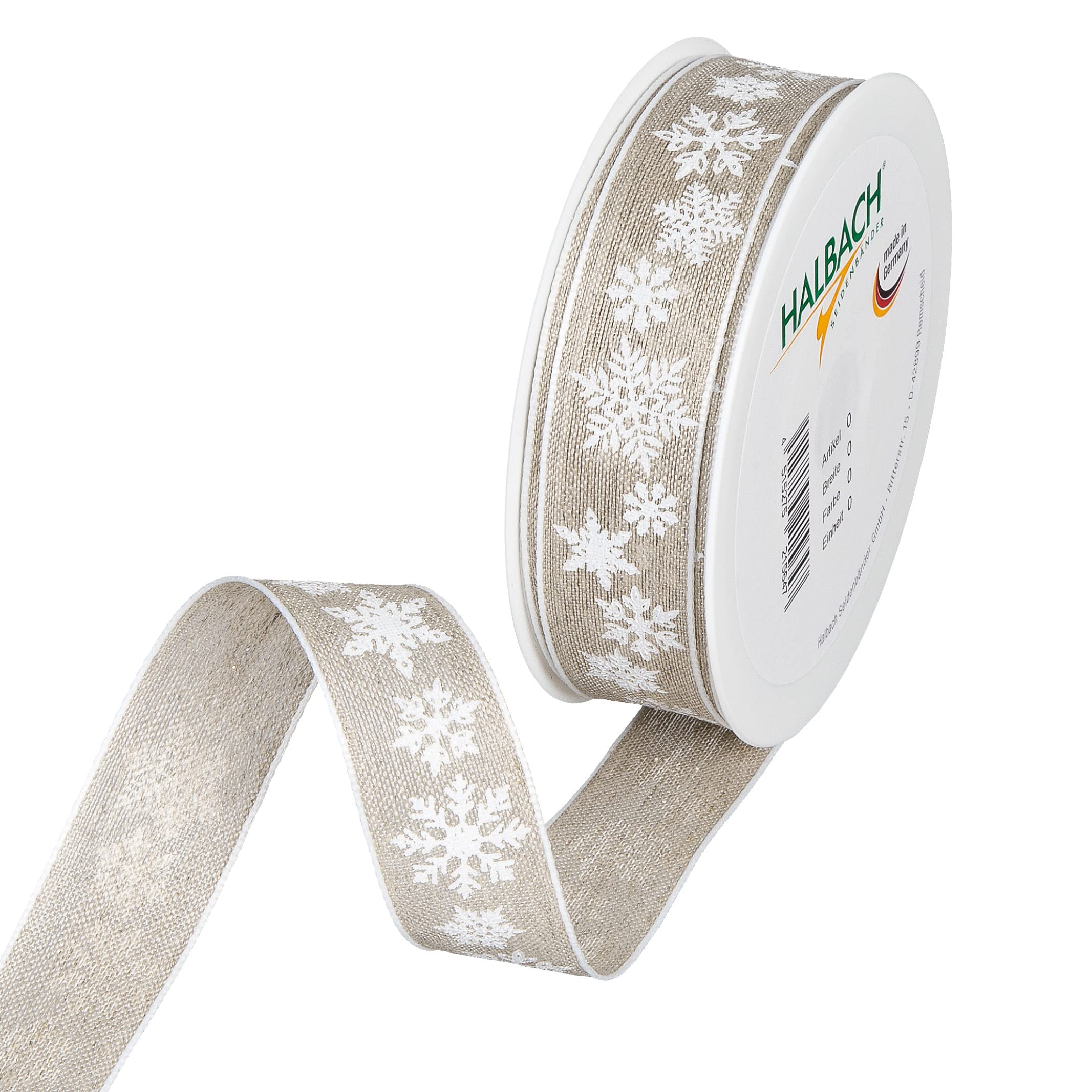 Halbach Seidenbänder Gift Ribbon Christmas Linen 25 mm x 15 m Natural Gift Ribbon for Wrapping Gifts, Linen Snow Stars with Wire Edges