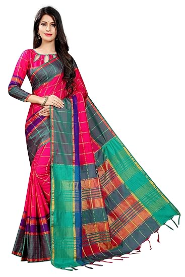 Women`s Cotton Saree With Blouse Piece(PBTurquoiseZariChecks_Turquoise)