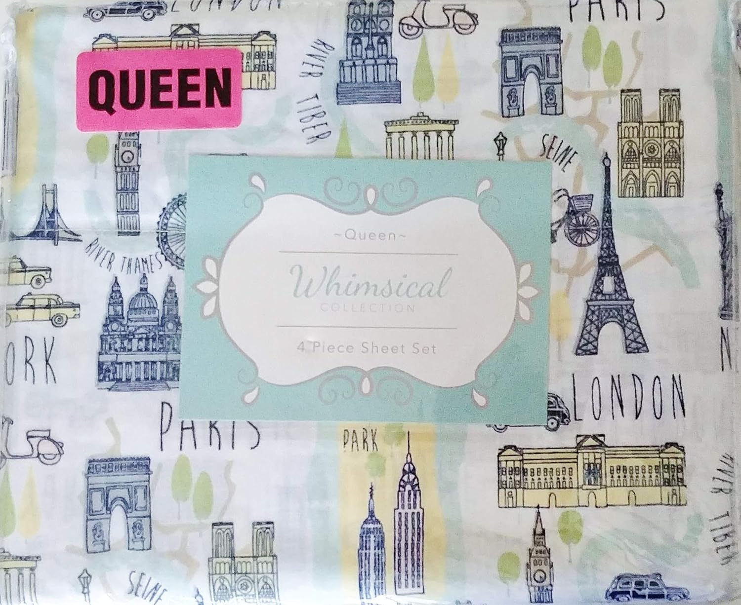 Whimsical Collection London Paris New York Blue & Green Famous Cities Print Queen Size Sheets Set (Flat, Fitted, Pillowcases) Wrinkle Free