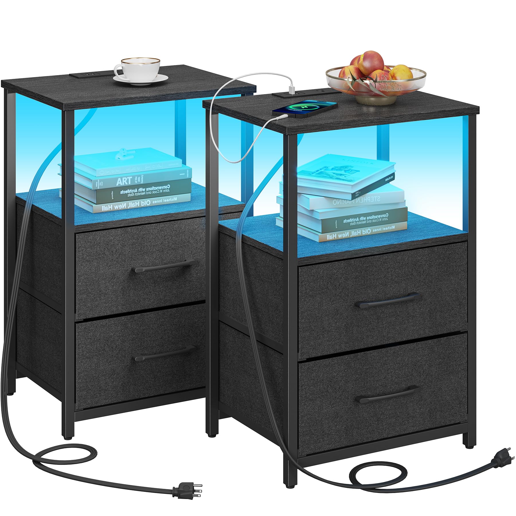 Photo 1 of TUTOTAK LED End Table with Charging Station, Nightstand with Cloth Drawer, Side Table with 1 USB Port and 1 Type-C Port, Set of 2, Couch Table, Black TB01BK052L