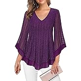 Lotusmile Womens Dressy Blouse Double Layers Mesh Shirt Ruffle 3/4 Flared Sleeve Tunic Tops
