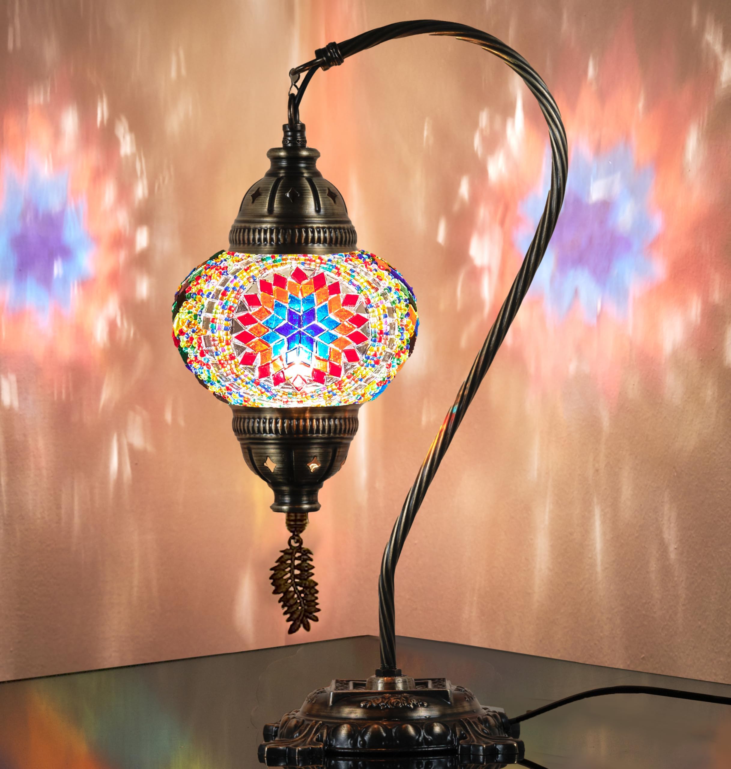 DEMMEX Turkish Moroccan Mosaic Table Lamp–Handcrafted Tiffany-Style Colorful Glass Swan Neck Bedside, Desk Light, Boho Artisan Accent Lighting for Bedroom, Living Room–38cm H, Colorful