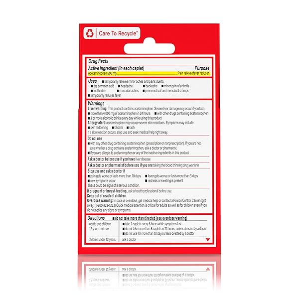 TYLENOL EXTRA STRENGTH 500 MG ACETAMINOPHEN CAPLETS, PAIN RELIEVER & FEVER REDUCER, ACETAMINOPHEN FOR MINOR ARTHRITIS PAIN, HEADACHE, BACKACHE & MENSTRUAL PAIN RELIEF, TRAVEL SIZE, 6 CT