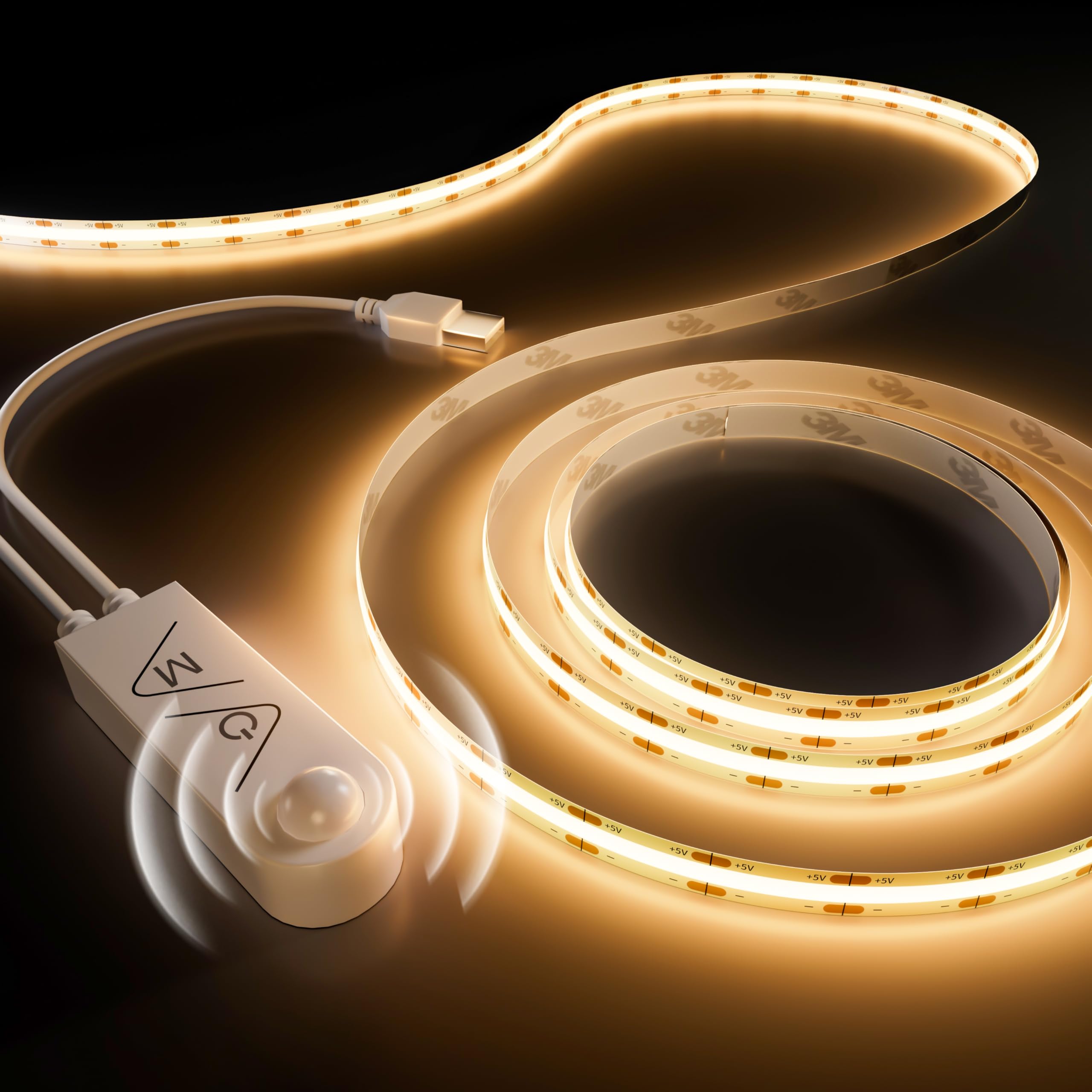 PAUTIX Motion Sensor USB COB LED Strip 2M Warm White 3000K, 5V Movement Activated Auto ON/Off LED Tape, Dimmable 640LEDs Bright Lights, PIR Sensing LED Strips for Stairs, Under Bed, Closet, Cabinet