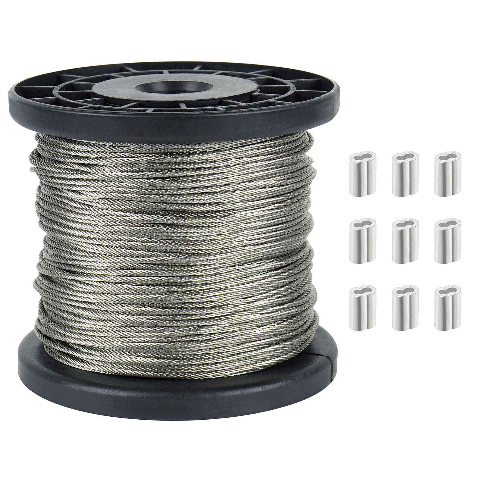 Photo 1 of 1/16 Wire Rope, 1/16 galvanized cable, 328FT Wire Cable, 304 Stainless Steel Aircraft Cable with 120 Pcs Aluminum Sleeve, 7x7 Strand Core 368 lbs Breaking Strength for Outdoor Garden Craft Clothesline
