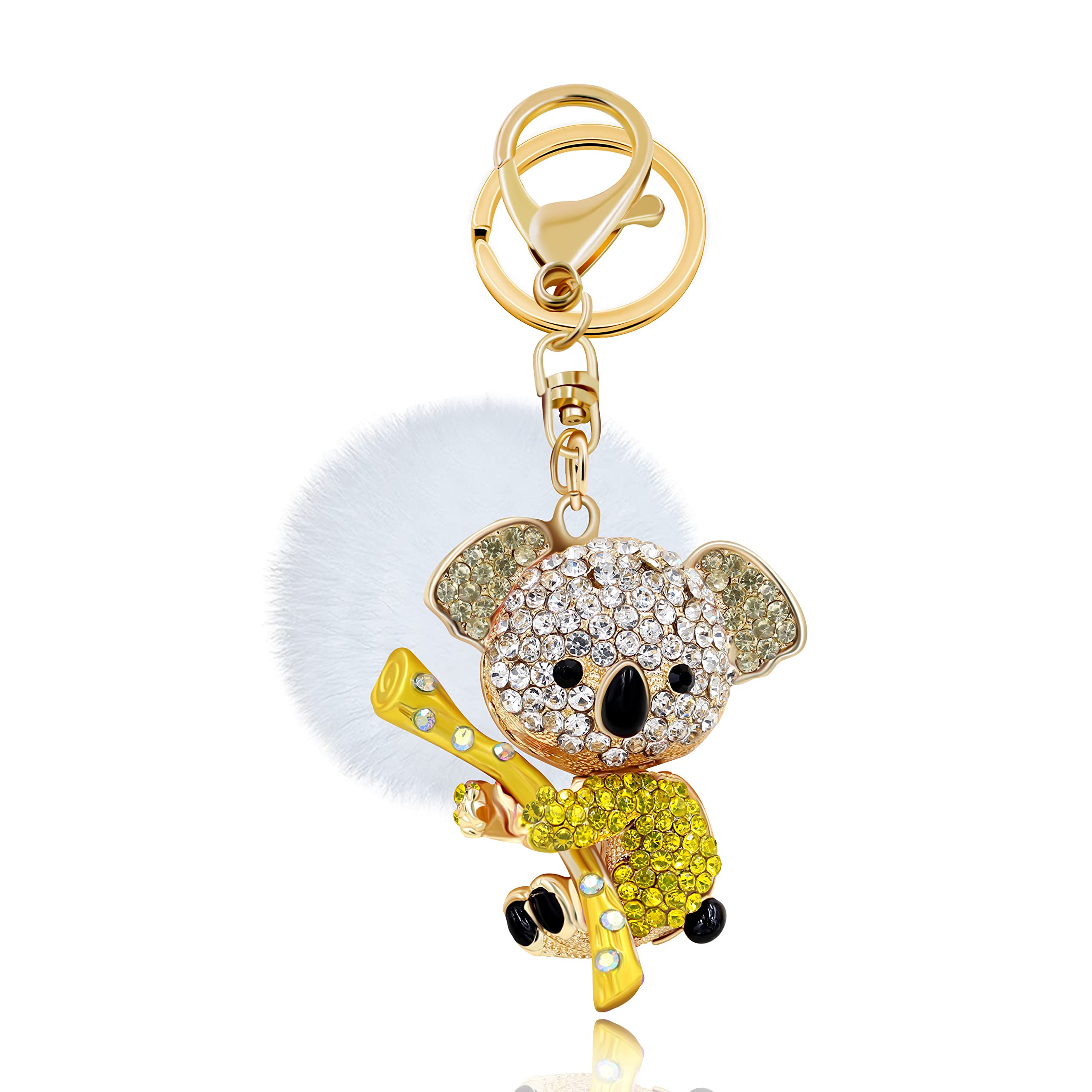 Uloveido Cute Yellow Crystal Koala Keychain for Teen Girls Women Kids Charms with White Fur Ball