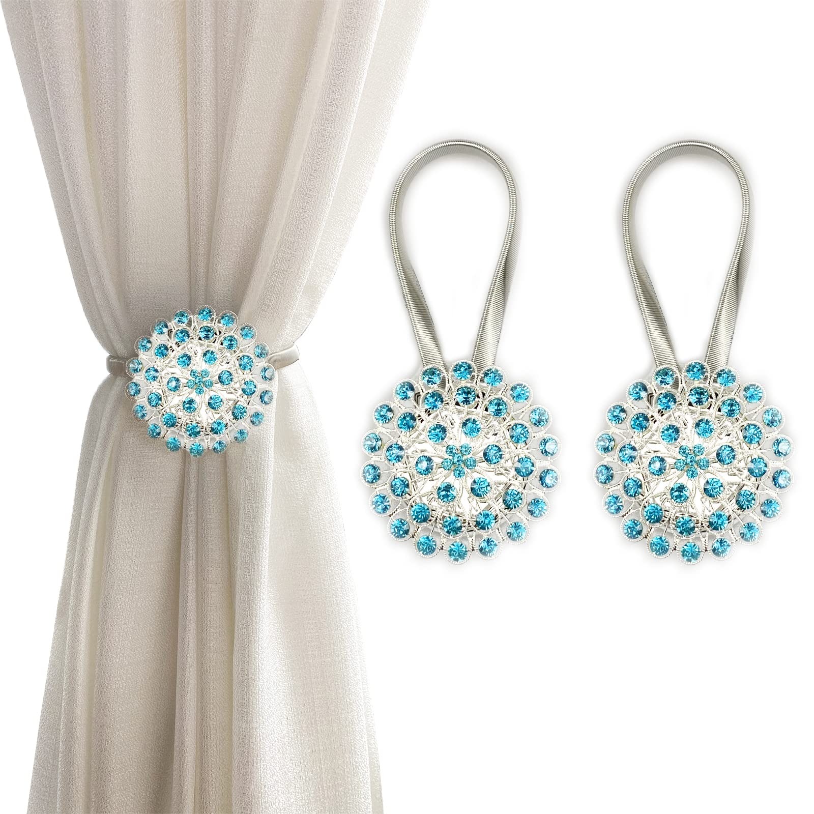 Magnetic Tiebacks for Curtains, 2 Pack Sparkling Crystal Flower Curtain Tiebacks Curtain Buckle Clips with High-Elastic Spring Wire for Home Office Decoration (Peacock Blue) — image 1