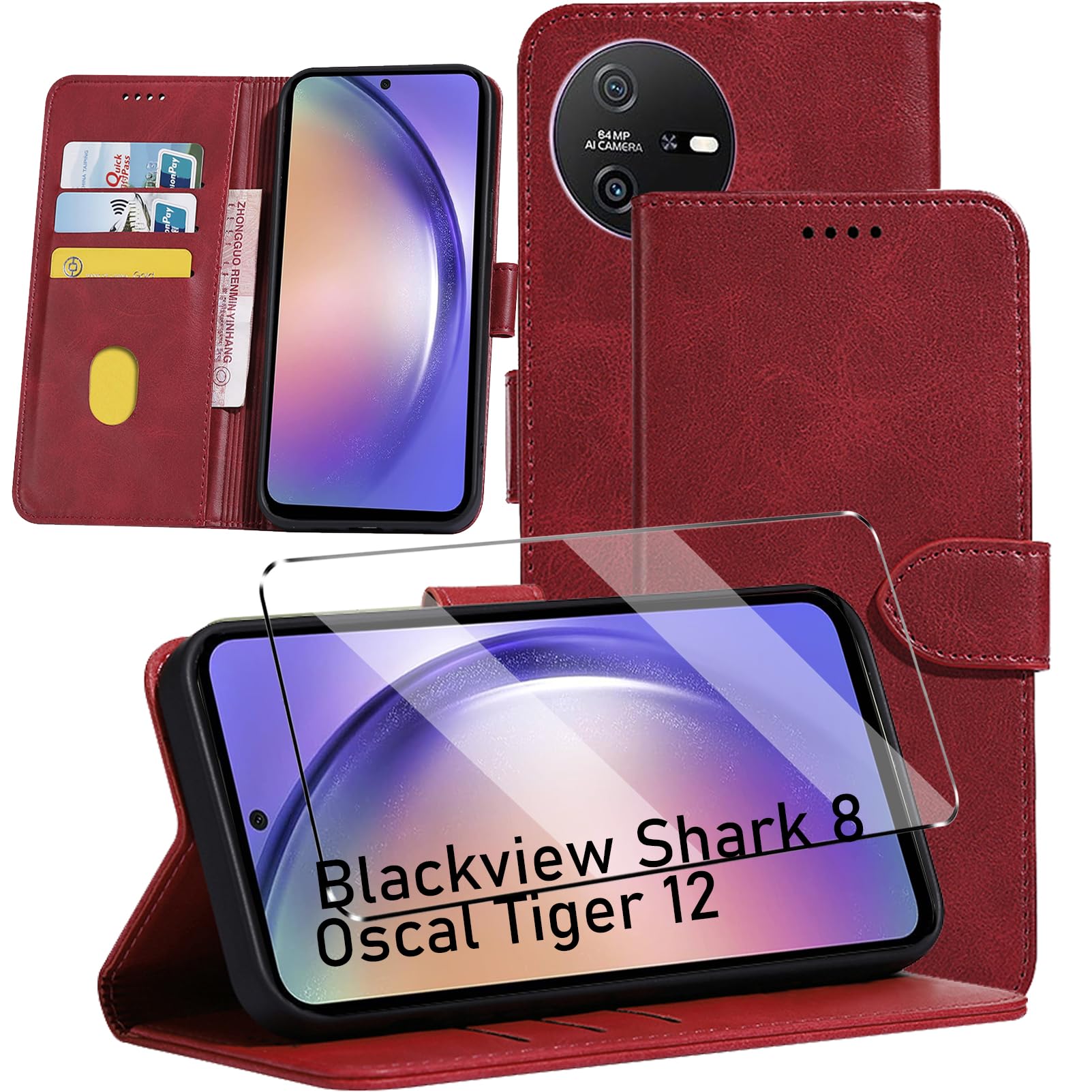 2-in-1 Case Compatible with Blackview Shark 8/Oscal Tiger 12 Leather Phone Case, Wallet Case Cover [Card Slots] [Kickstand] Magnetic Closure Protection Book Folio Design wallet flip phone case - Red