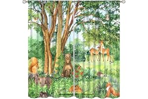YCness Forest Animal Curtains, Watercolor Wild Animal Bear Fox Deer Kids Window Treatments for Living Room Bedroom,Green Woodland Tree Kids Drapes 2 Panel Sets,42x54 Inch