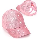 Girls Glitter Baseball Cap Criss Cross Hat, Girl High Ponytail Hat - Kids Trucker Hat with High Bun Messy Ponytail(Ages5-15)