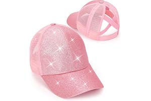 YSEOUL Girls Glitter Baseball Cap Criss Cross Hat, Girl High Ponytail Hat - Kids Trucker Hat with High Bun Messy Ponytail(Ages5-15)