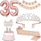 35th Birthday Decorations for Women, Including 35th Tiara and Sash, Happy Birthday Banner, Cake Toppers, Number Candles and Balloons Set, Rose Gold