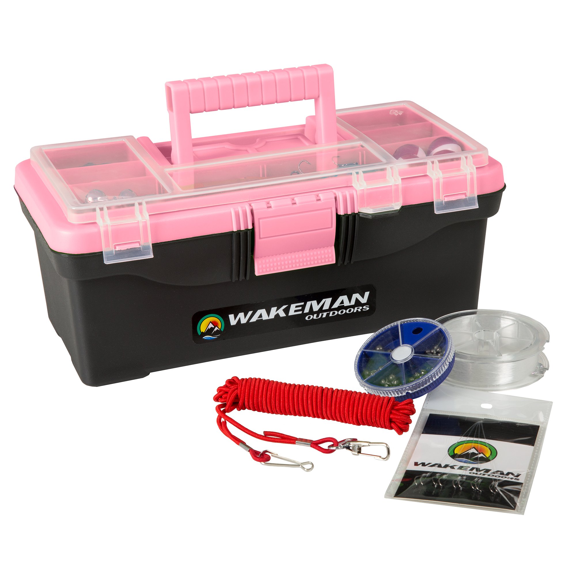 Photo 1 of 55-Piece Fishing Tackle Set - Tackle Box Includes Sinkers, Hooks, Lures, Bobbers, Swivels, Fishing Line, and More - Fishing Gear by Wakeman (Pink)