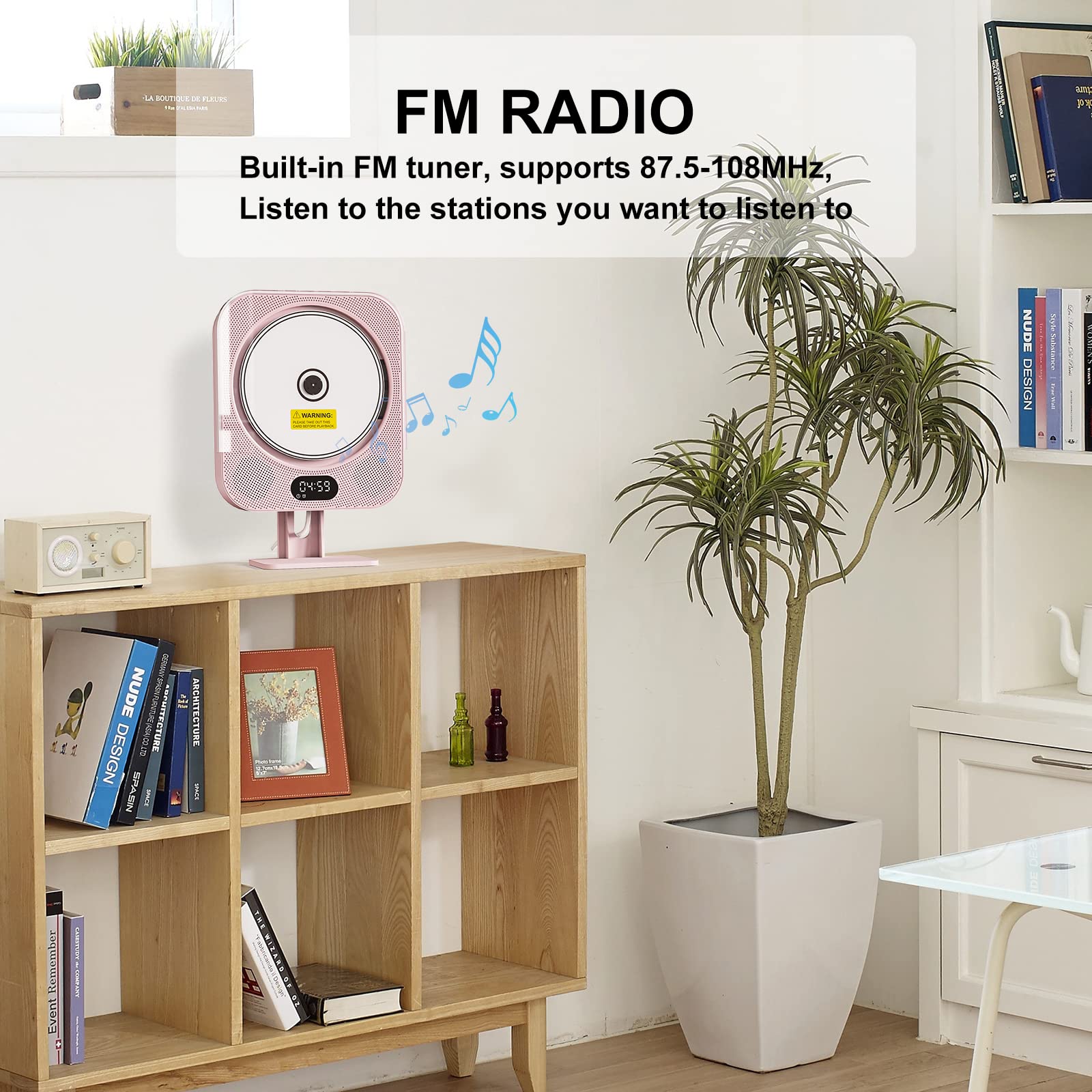 Kpop Pink CD Player Desktop/Wall,Wired Vertical Cute CD Players for Home, Bluetooth Speakers/FM Radio with IR Remote Control,CD Music Timer Alarm Clock with LED Display,Support CD/USB/TF/AUX/Copy
