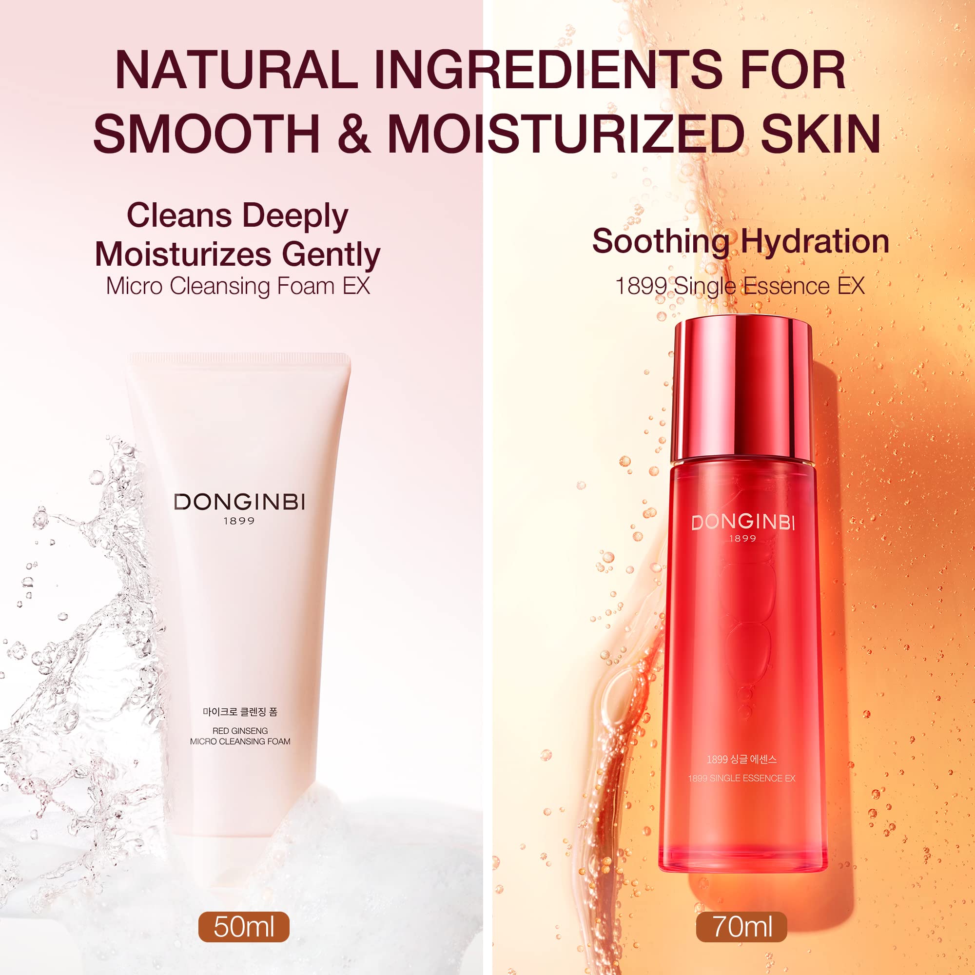 DONGINBI 1899 Single Essence EX 70ml & Cleansing Foam 50ml Special Set - Anti-Aging face essence with Korean Red Ginseng for Radiance and Repair