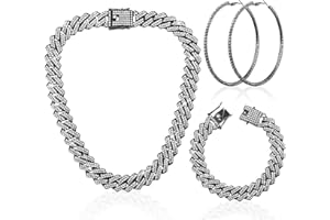 Batiyeer 3 Pcs Link Chain Necklace Bracelet Rhinestone Hoop Earrings Bling Crystal Hip Hop Jewelry for Women Girls