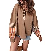 Maketina Womens Stripe Plaid Patchwork Waffle Knit Tops Casual Henley Neck Colorblock Long Sleeve Shirts