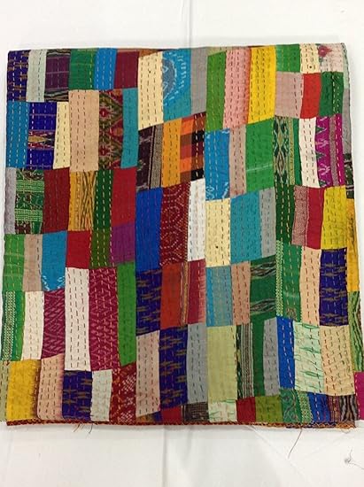 Sovereigns Indian Handmade Reversible Patola Silk Bedspread Vintage Throw Kantha Queen Quilt, 90x108 Inch, Multicolour