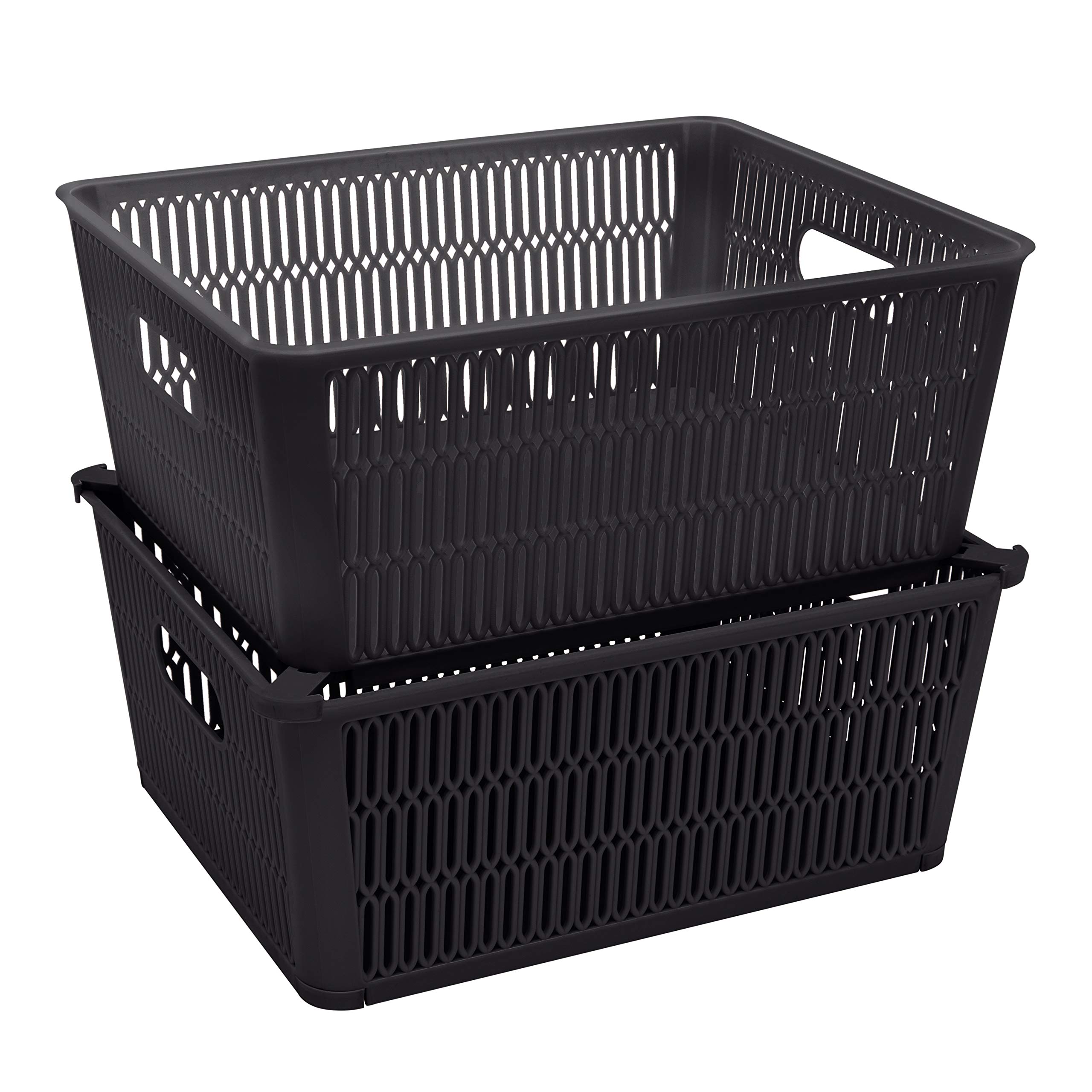 Photo 1 of Simplify 2Pk Large Slide 2 Stack It Tote Basket | Storage & Organization | Open Bins with Stackable Capability | Bathroom | Crafts | Pantry | Playroom | Office | Black