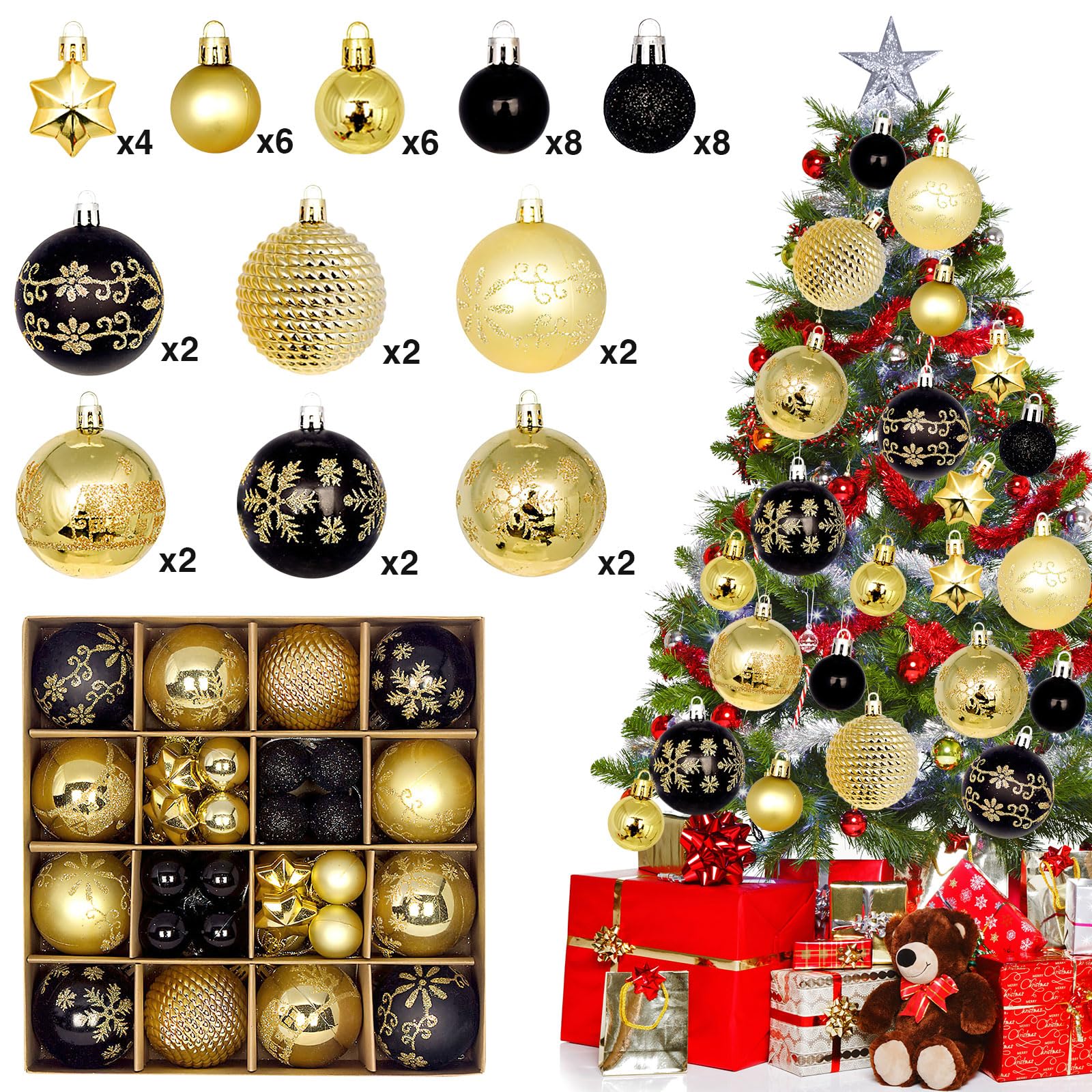 44PCS Christmas Baubles Plastic, Christmas Baubles Ornaments Gold & Black, Xmas Tree Decorations for Outdoor Indoor