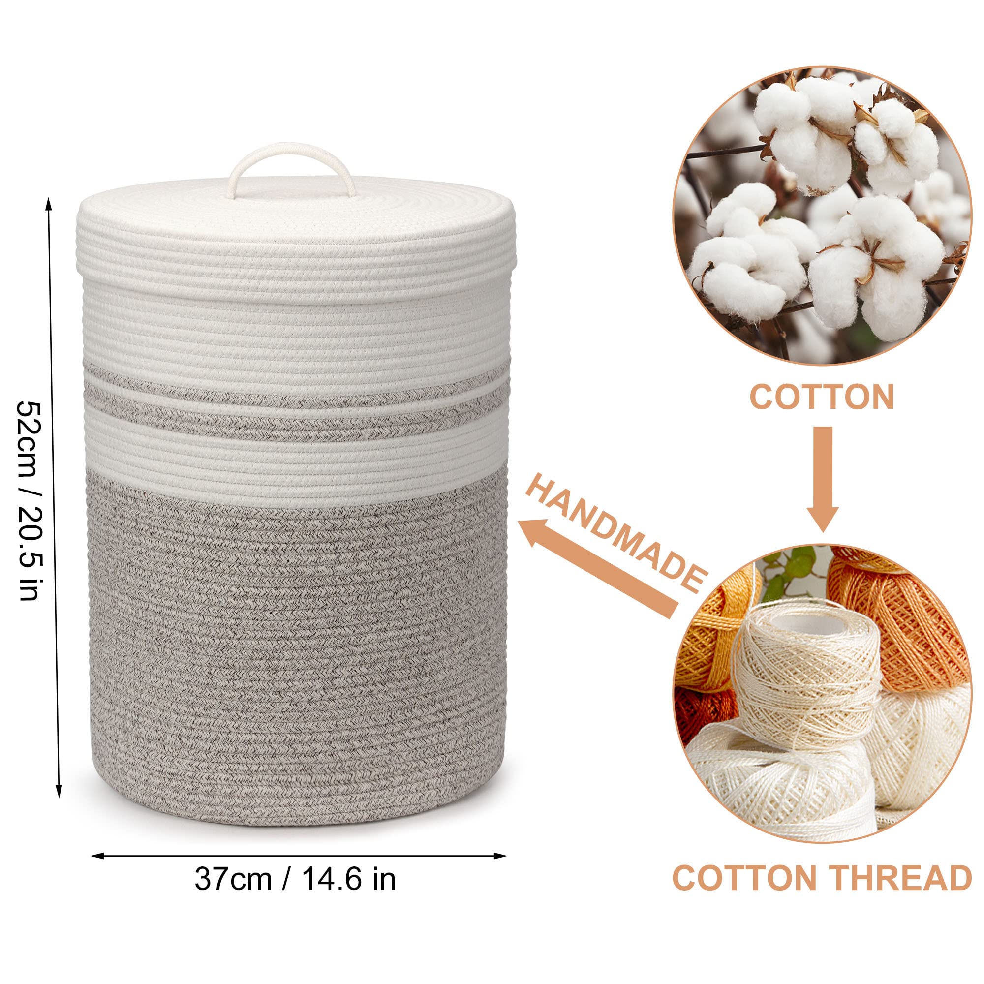 Goodheim Faltbarer Wäschekorb mit Deckel, Wäschesammler - Wäschekörbe, Körbe geflochten, groß & XXL, weiß, braun, Baumwollkorb -Aufbewahrungskorb groß (37 x 52cm) 2