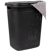 Mind Reader Slim Laundry Hamper with Lid, 50L Clothes Basket, Premium Wicker Design, Plastic, Black