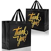 Nush Nush Large Black Thank You Gift Bags – Set of 12 Shiny Black Thank You Bags With Gold Text - Perfect Goodie Bag for Birthday Party Favor, Thanksgiving, Christmas, Events – 13Wx5Dx11H