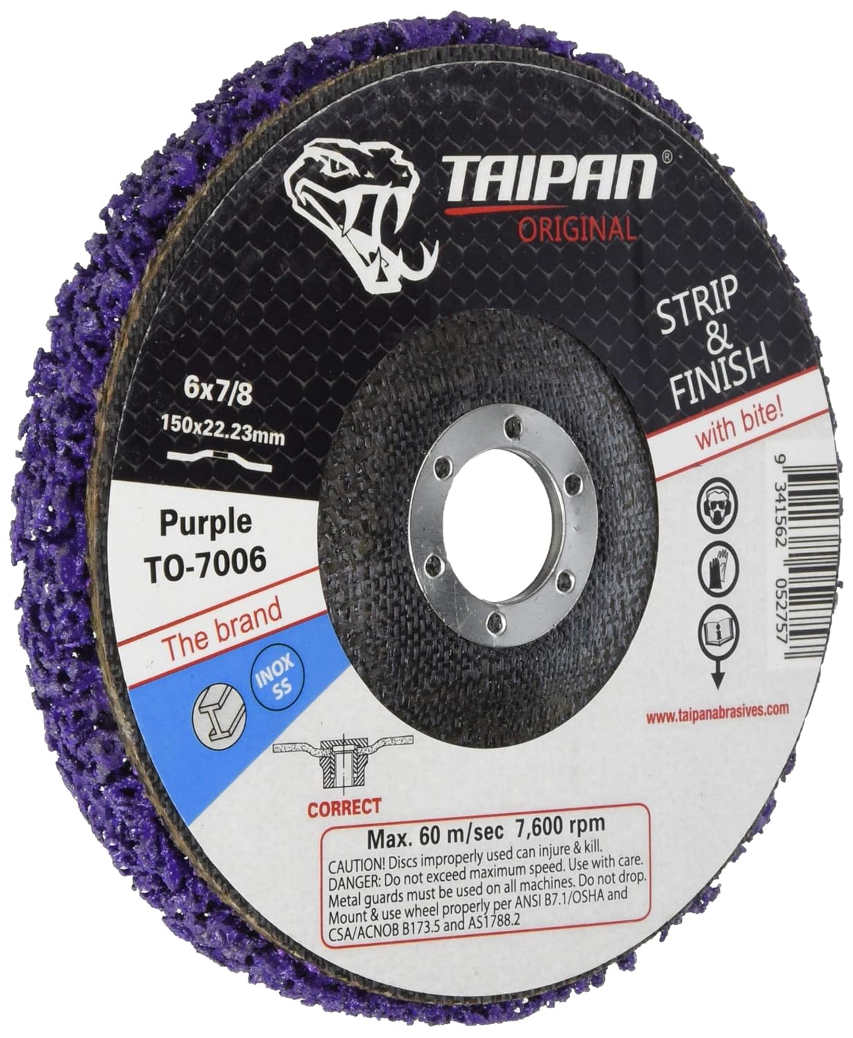 Taipan Abrasives TO-7006 Original Strip & Finish Disc, Depressed, 6" OD, 7/8" Arbor, Purple, 7600 RPM
